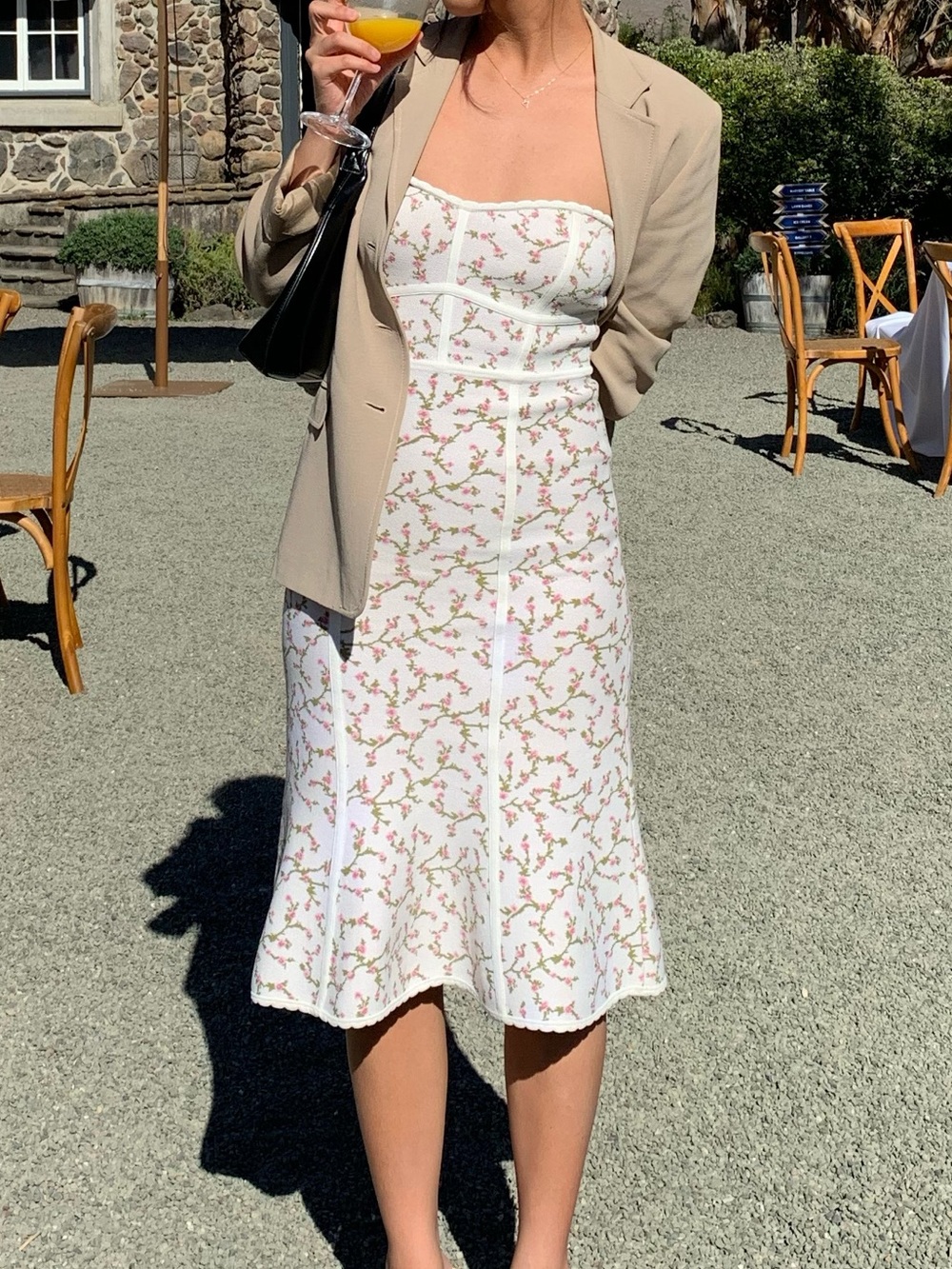 BCBG White Strapless Floral Midi Dress